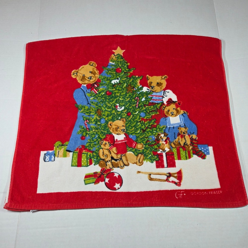 Vintage Gordon Fraser Christmas Teddy Bear Hand Towel Red R.A. Briggs Cotton